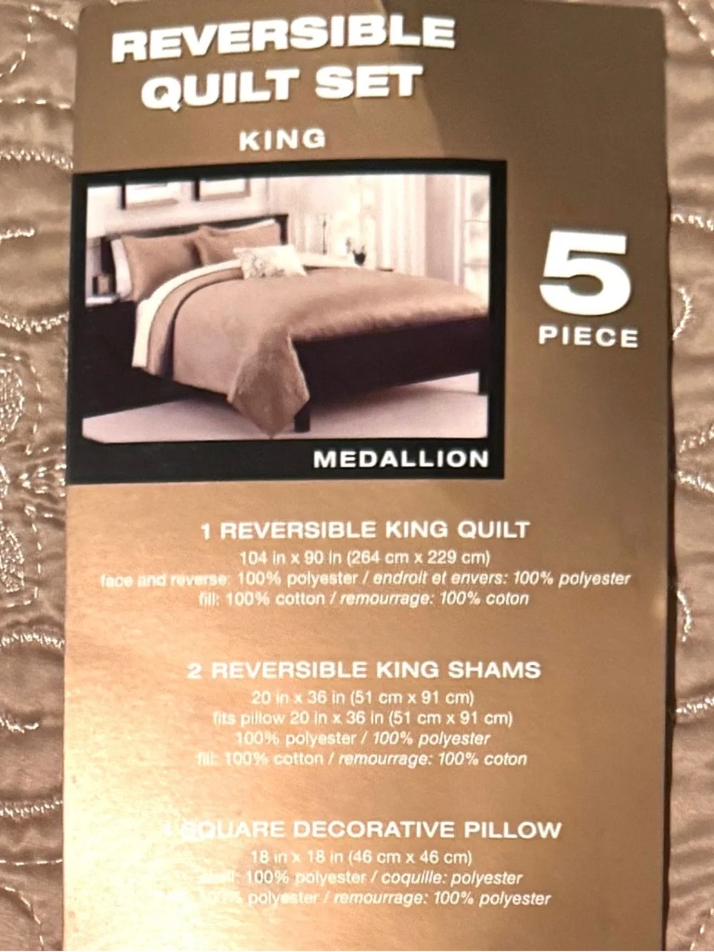 King Neutral Tan Quilted Bedding Set with Decorative Pillow & 2 Shams Reversible